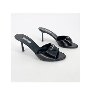 Prada Black Leather Padded Logo 75mm Open Toe Slide Sandal Mule Heels IT 40